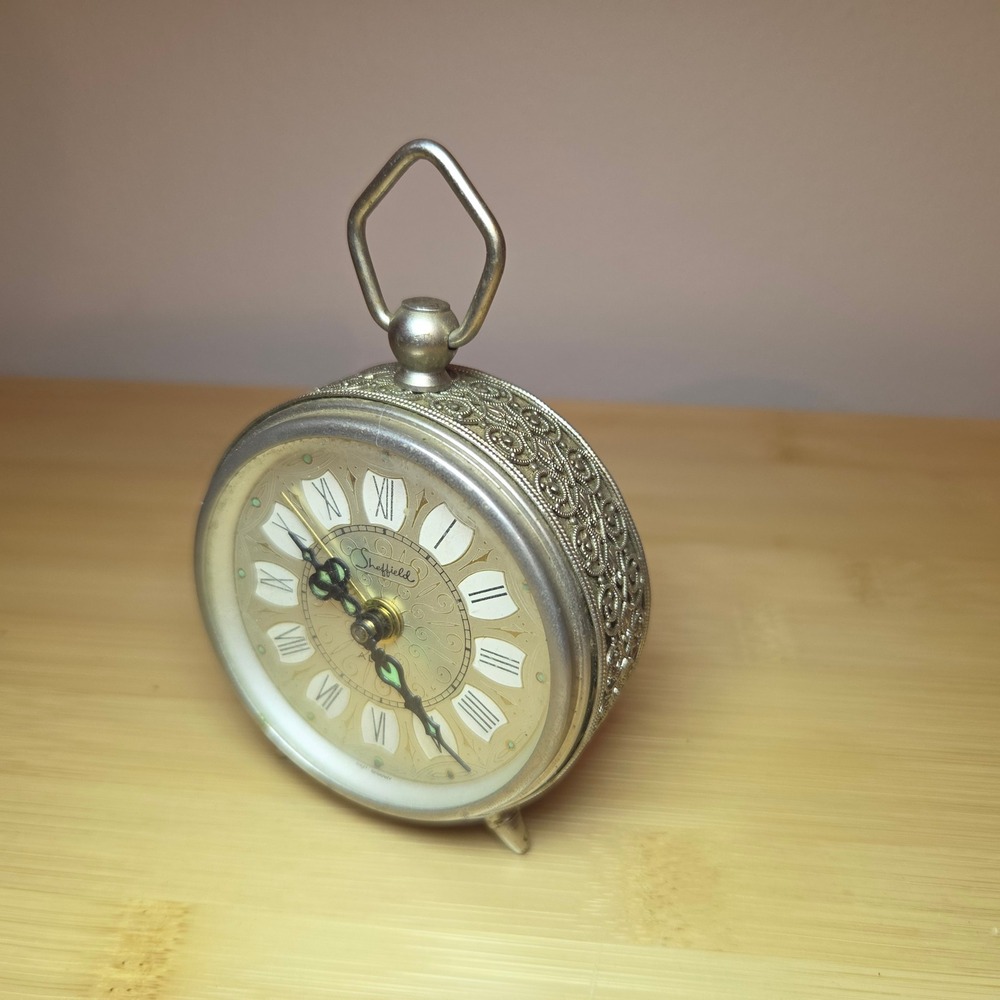 Vintage Sheffield Silver Tone Wind Up Alarm Clock West Germany